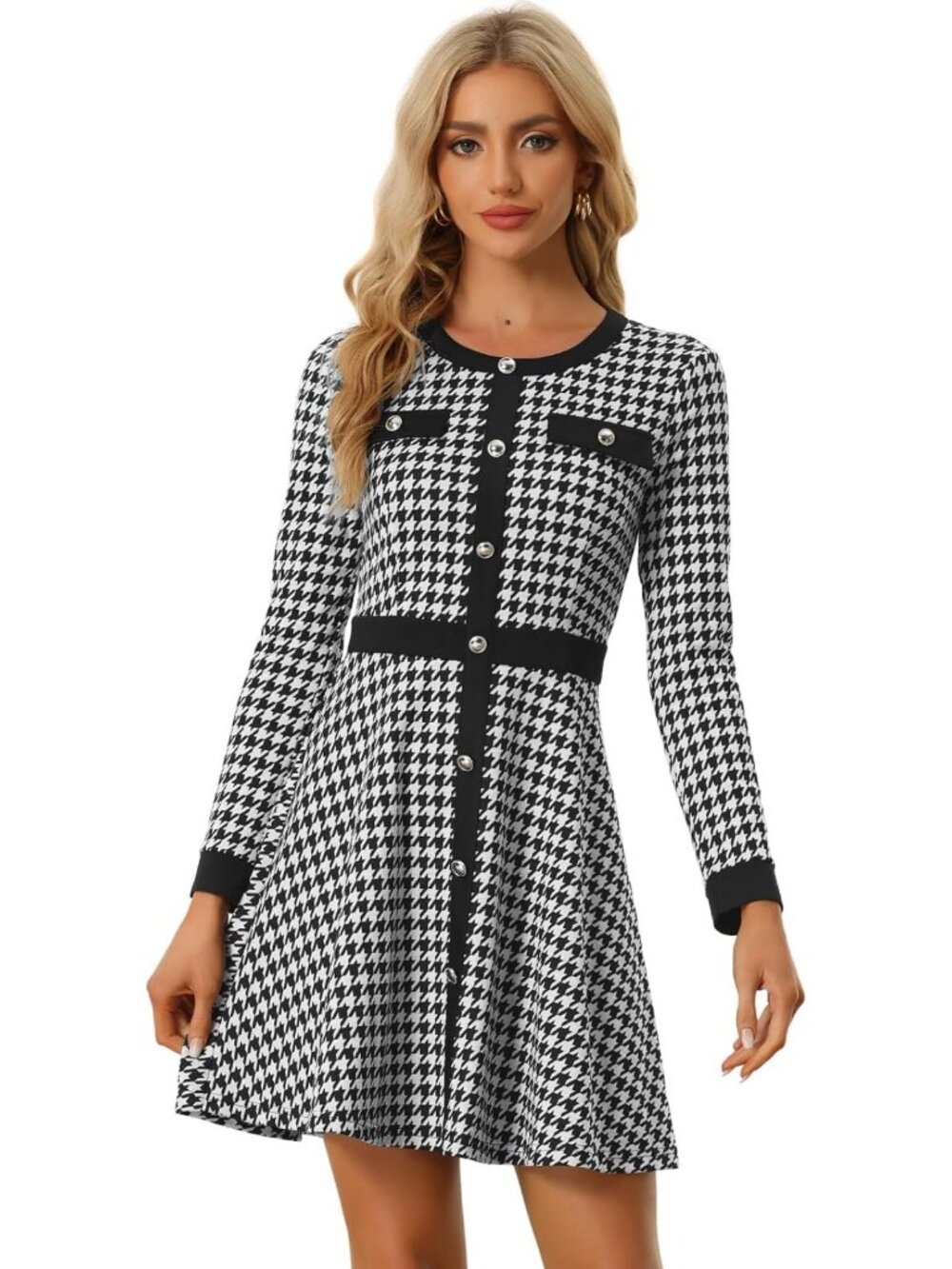 Elegant Houndstooth Plaid A-Line Dress for Women | Stylish Business Workwear